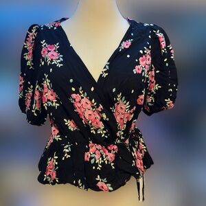 Miss Selfridge Black and Pink Floral Wrap Top Petite Size 12